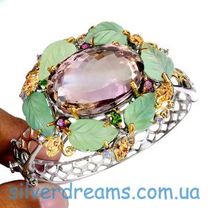 Браслет серебро натуральный аметрин + пренит + мульти