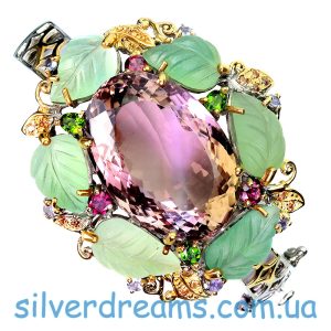 Браслет серебро природный аметрин + пренит + мульти