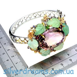 Браслет серебро натуральный аметрин + пренит + мульти