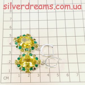 Серьги серебро природный лимонный кварц + оникс + хризолит + диопсид