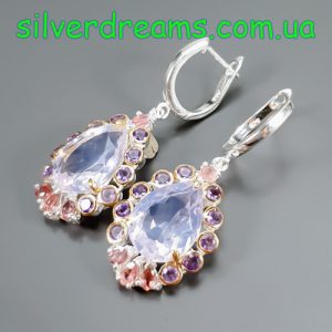 Серьги серебро натуральный лавандовый кварц + турмалин + аметист