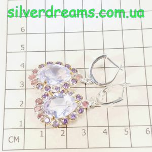 Серьги серебро натуральный лавандовый кварц + турмалин + аметист