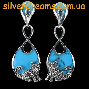 Серьги капельное серебро + натуральная бирюза