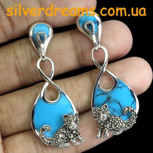 Длинные серьги серебро натуральная бирюза и марказит