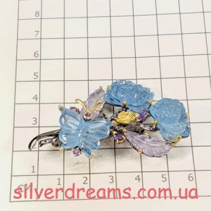 Alternative view of HANDMADE! Серебряная брошь из резного Аквамарина 42 кт + Аметист
