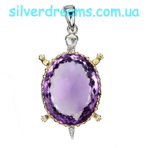 Кулон черепаха серебро природный аметист