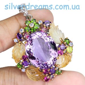 Подвес серебро натуральный аметист + цитрин + родолит + диопсид + танзанит