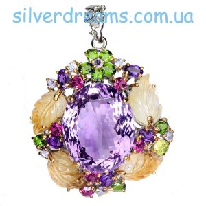 Кулон серебро природный аметист + цитрин + родолит + диопсид + танзанит