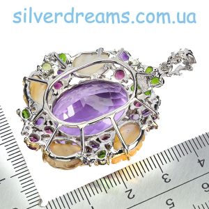 Кулон серебро природный аметист + цитрин + родолит + диопсид + танзанит