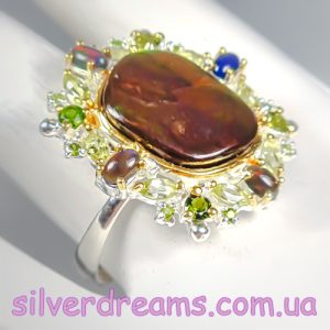 HANDMADE! Серебряное кольцо Аммолит 18 кт + Чёрный Опал + Диопсид + Хризолит р.19 — изображение 3