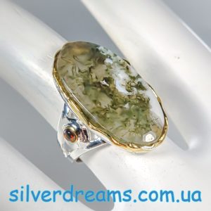 HANDMADE! Серебряное кольцо с 20-каратным моховым агатом р.18 — изображение 3