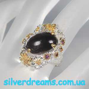 Перстень серебро натуральный солнечный камень кошачий глаз