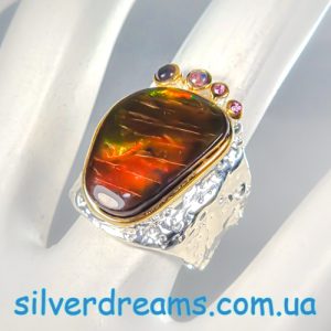 Alternative view of HANDMADE! Серебряное кольцо Аммолит 18 кт + Чёрный Опал + Родолит р.18,5