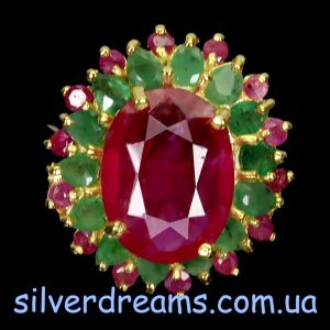 Кольцо серебро натуральный рубин + изумруд