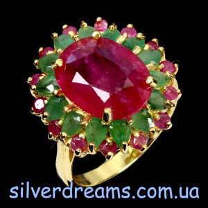 Перстень серебро натуральный рубин + изумруд