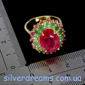 Перстень серебро натуральный рубин + изумруд