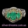 Кольцо серебро природный изумруд + шампань-сапфир
