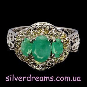 Кольцо серебро природный изумруд + шампань-сапфир