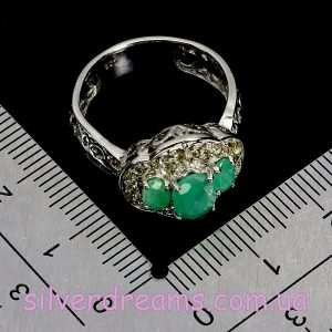 ерстень серебро натуральный изумруд + шампань-сапфир
