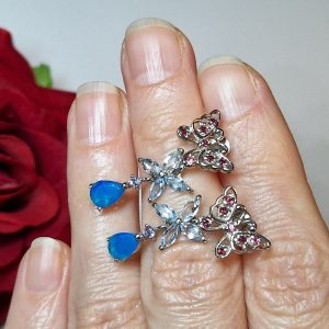Серьги серебро природный голубой опал + аквамарин + родолит