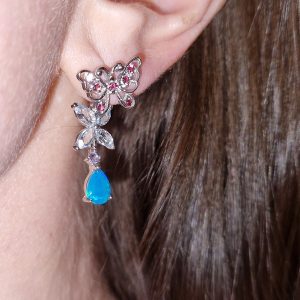 Серьги серебро природный голубой опал + аквамарин + родолит