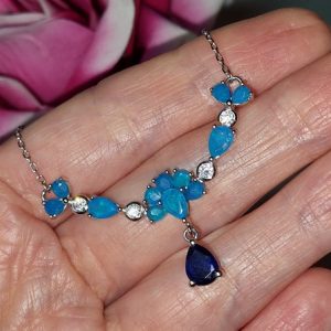 Ожерелье серебро природный голубой опал + сапфир