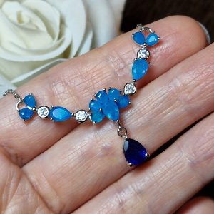 Ожерелье серебро натуральный голубой опал + сапфир