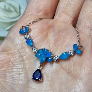 Колье серебро природный голубой опал + сапфир