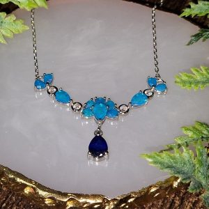 Колье серебро натуральный голубой опал + сапфир