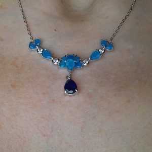 Ожерелье серебро природный голубой опал + сапфир