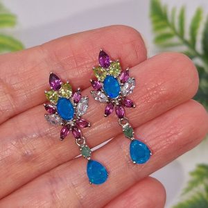 Серьги серебро натуральный голубой опал + мульти