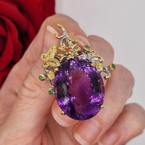 Кулон серебро природный аметист + изумруд