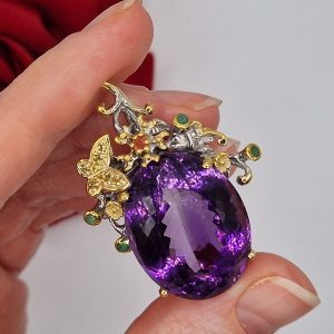 Подвес серебро натуральный аметист + изумруд