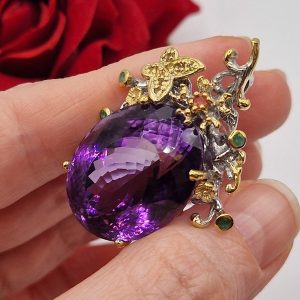 Кулон серебро природный аметист + изумруд