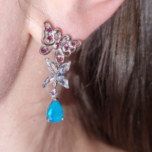 Серьги серебро натуральный голубой опал + аквамарин + родолит