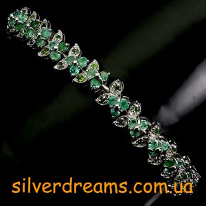 Браслет серебро натуральный изумруд + хромдиопсид