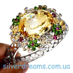 Браслет серебро натуральный цитрин диопсид родолит сапфир танзанит