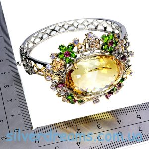 Браслет серебро натуральный цитрин диопсид родолит сапфир танзанит