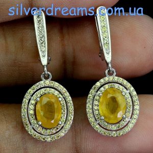 Серьги серебро природный жёлтый сапфир + шампань-сапфир