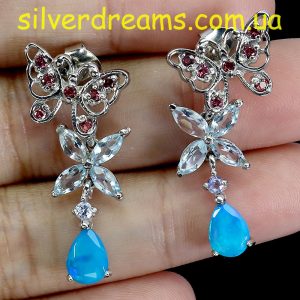 Серьги серебро натуральный голубой опал + аквамарин + родолит