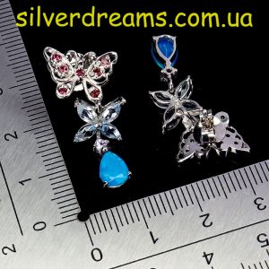 Серьги серебро натуральный голубой опал + аквамарин + родолит