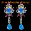 Серьги серебро природный голубой опал + аквамарин + родолит + хризолит + изумруд