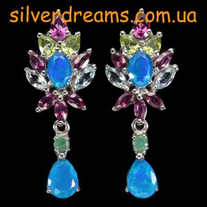 Серьги серебро природный голубой опал + аквамарин + родолит + хризолит + изумруд