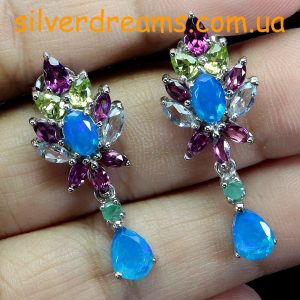 Серьги серебро натуральный голубой опал + аквамарин + родолит + хризолит + изумруд