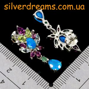 Серьги серебро натуральный голубой опал + аквамарин + родолит + хризолит + изумруд