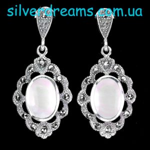 Серьги серебро натуральный перламутр и марказит