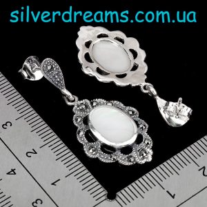 Серьги серебро природный перламутр + марказит