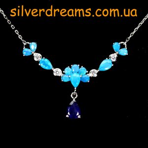 Ожерелье серебро природный голубой опал + сапфир