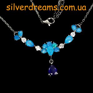 Колье серебро натуральный голубой опал + сапфир