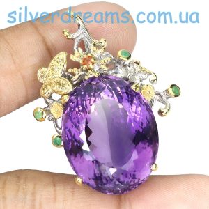 Кулон серебро природный аметист + изумруд